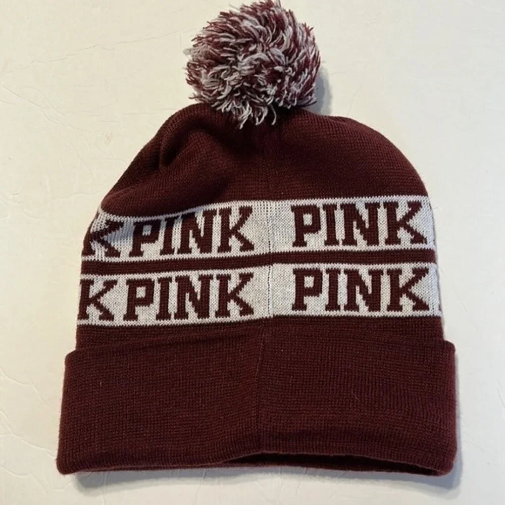 PINK Victoria's Secret Maroon White Beanie Hat Pom Pom OSFM Spell-Out One Size